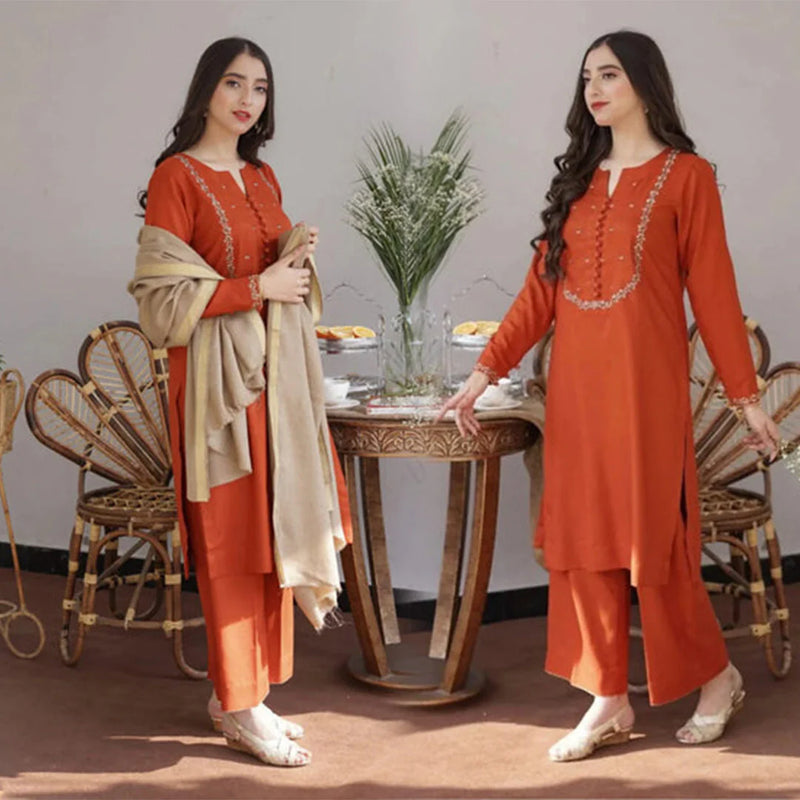 3Pc Dhanak Embroidery Sute Printed Wool  Shawl(Unstiched) -LHDHANAK