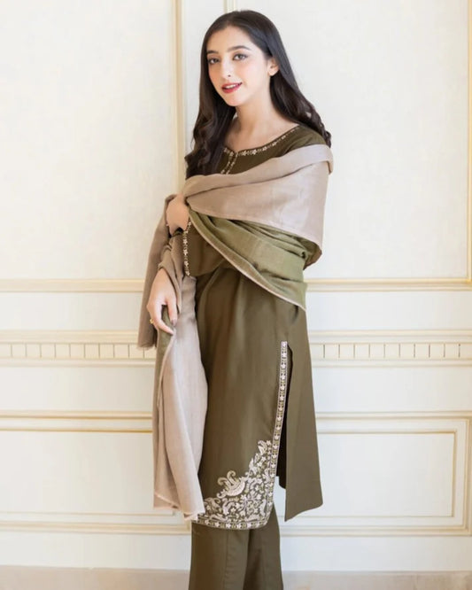 3Pc Dhanak Embroidery Sute Printed Wool  Shawl(Unstiched) -LHDHANAK#05