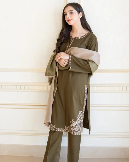 3Pc Dhanak Embroidery Sute Printed Wool  Shawl(Unstiched) -LHDHANAK#05