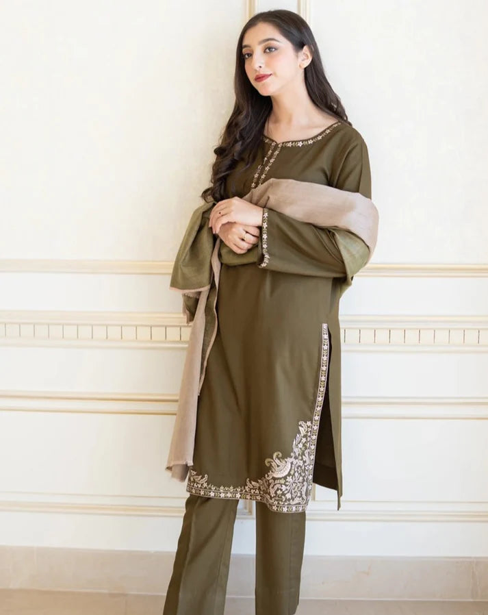 3Pc Dhanak Embroidery Sute Printed Wool  Shawl(Unstiched) -LHDHANAK