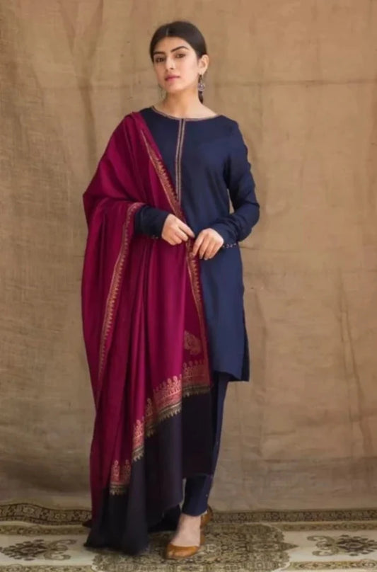 3Pc Dhanak Embroidery Sute Printed Wool  Shawl(Unstiched) -LHDHANAK#7