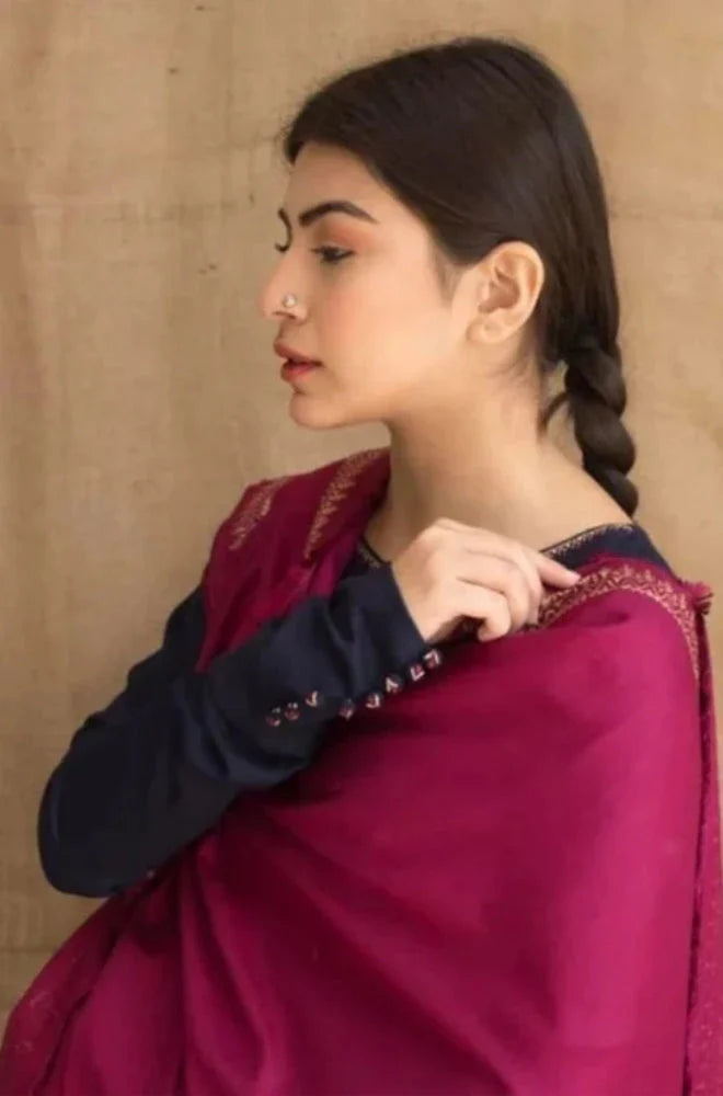 3Pc Dhanak Embroidery Sute Printed Wool  Shawl(Unstiched) -LHDHANAK