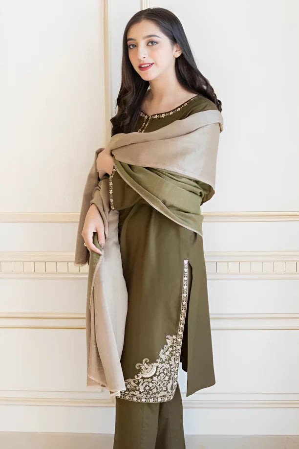 3Pc Dhanak Embroidery Sute Printed Wool  Shawl(Unstiched) -LHDHANAK