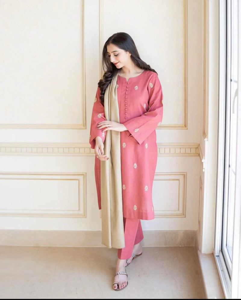 3Pc Dhanak Embroidery Sute Printed Wool  Shawl(Unstiched) -LHDHANAK