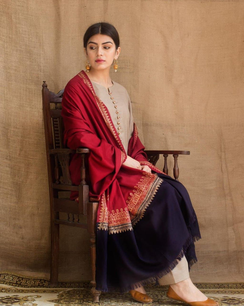 3Pc Dhanak Embroidery Sute Printed Wool  Shawl(Unstiched) -LHDHANAK