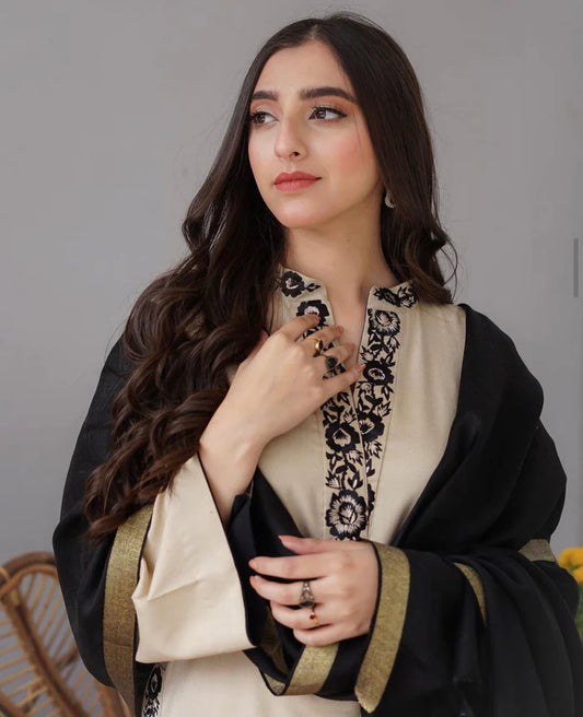 3Pc Dhanak Embroidery Sute Printed Wool  Shawl(Unstiched) -LHDHANAK#03