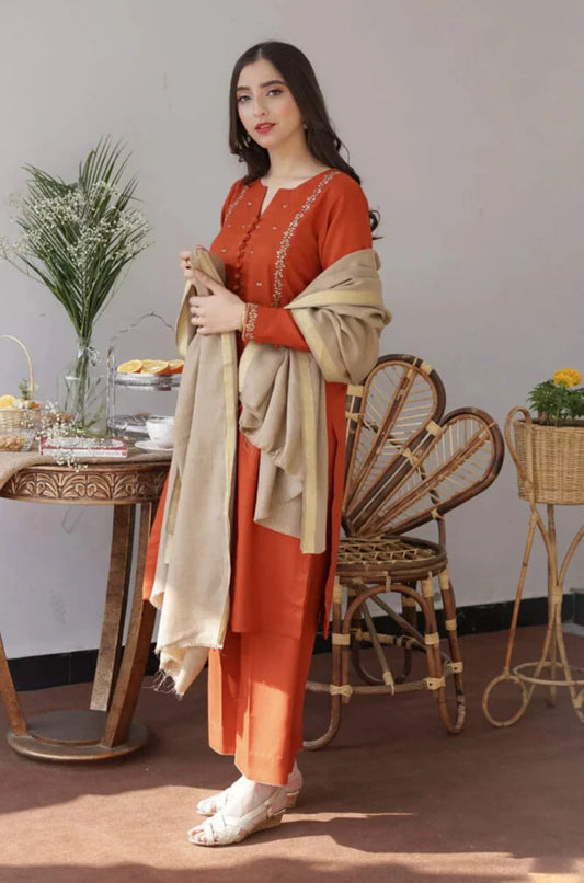3Pc Dhanak Embroidery Sute Printed Wool  Shawl(Unstiched) -LHDHANAK#02