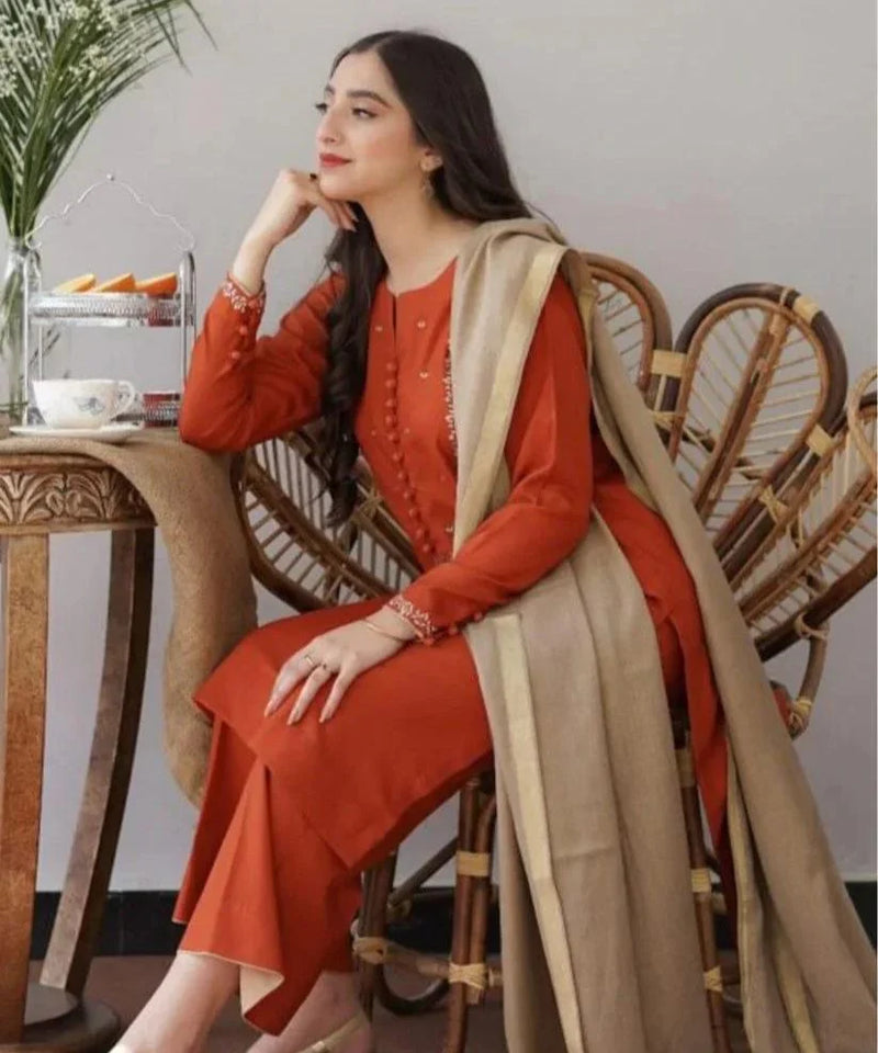 3Pc Dhanak Embroidery Sute Printed Wool  Shawl(Unstiched) -LHDHANAK